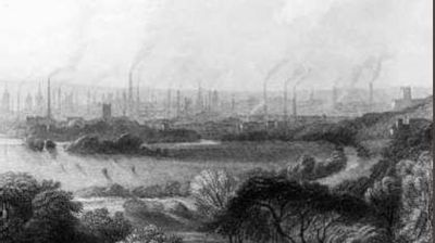 Manchester, England ("Cottonopolis"), pictured in 1840, showing the mass of factory chimneys