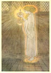 How at the Castle of Corbin a Maiden Bare in the Sangreal and Foretold the Achievements of Galahad: illustration by Arthur Rackham, 1917