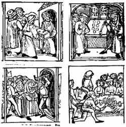 A 15th century German woodcut showing an alleged host desecration. In the first panel the hosts are stolen; in the second the hosts bleed when pierced by a Jew; in the third the Jews are arrested; and in the fourth they are burned alive.