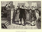 1876 illustration of the courtroom; the central figure is usually identified as Mary Walcott